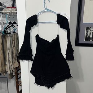 Black Off-Shoulder Romper with Bell Sleeves